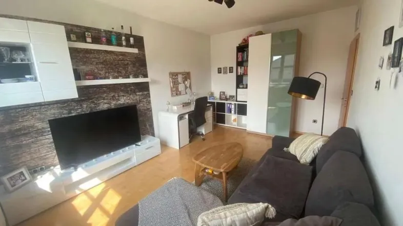 Gemütliches Wohnzimmer mit Sofa, Schreibtisch und Medieneinheit, ideal für Entspannung und Arbeit.