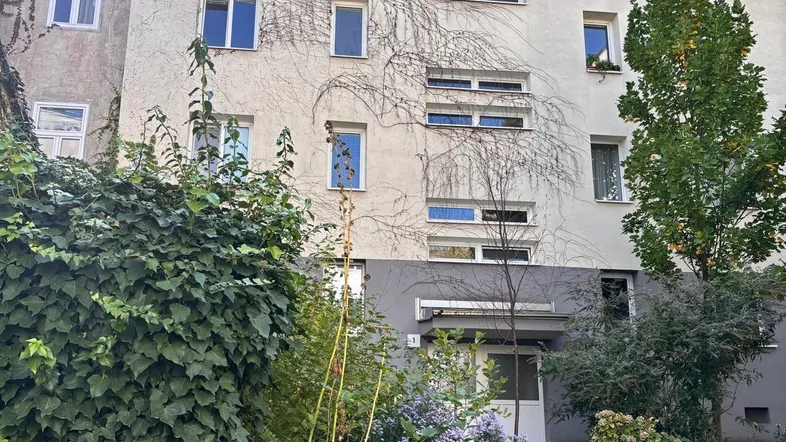 Fassade eines Wohngebäudes mit Kletterpflanzen und einem kleinen Vorgartenbereich, der zum Eingang führt.