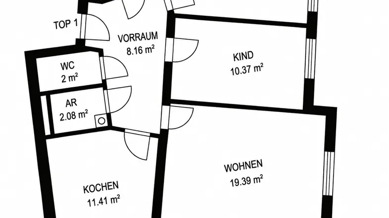 Grundrissplan einer Wohnung mit drei Zimmern, Küche, Bad, WC und Loggia.