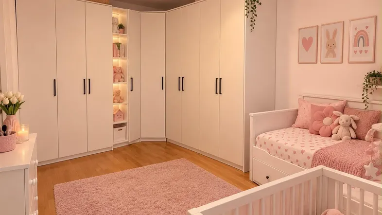 Geräumiges Kinderzimmer mit großen weißen Einbauschränken und rosa Teppich.