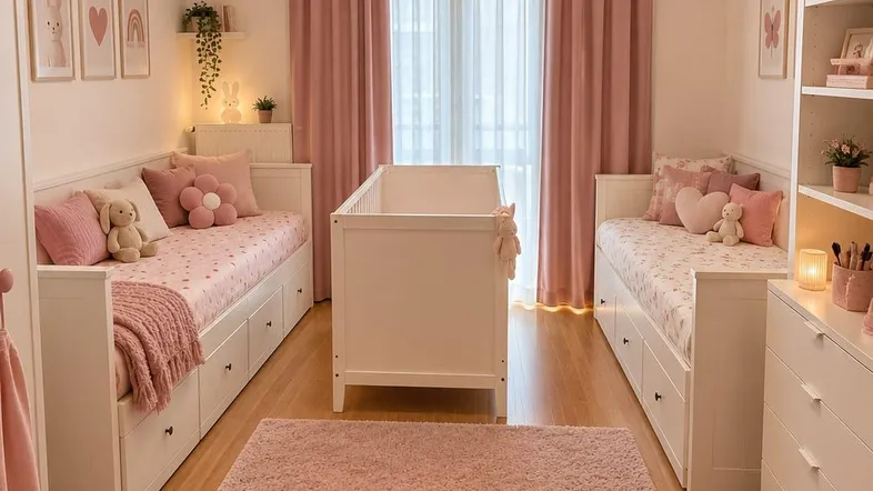 Helles Kinderzimmer mit zwei Einzelbetten, einem Babybett und rosa Dekoration.