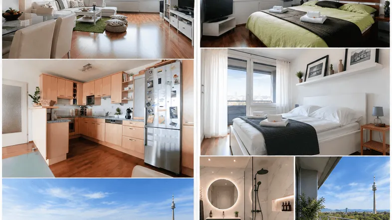 Vielfältige Collage mit Innenräumen, Badezimmer, Balkon und Panoramablick auf die Stadt.
