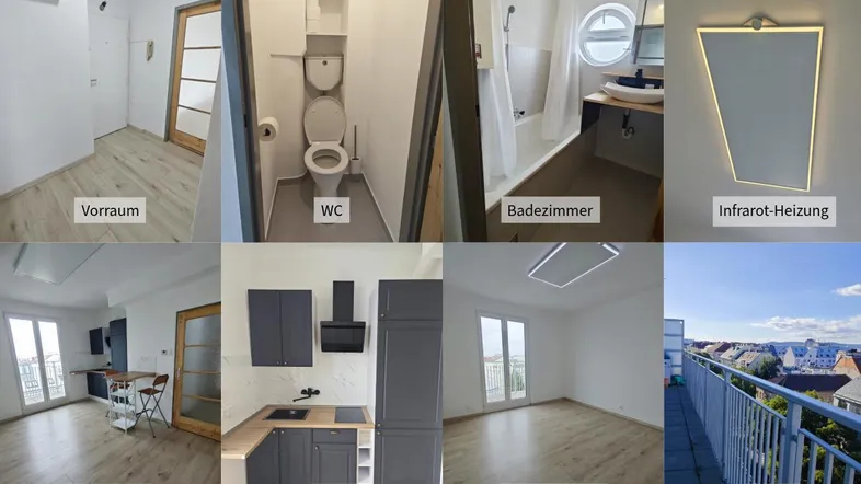 Übersicht der Wohnung mit Vorraum, WC, Badezimmer, Wohnküche, Schlafzimmer und Balkon.