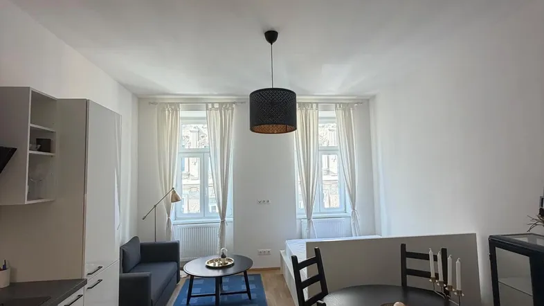 Helles Studio-Apartment mit integrierter Küche, Essbereich und Wohnbereich, ideal für modernes Wohnen.