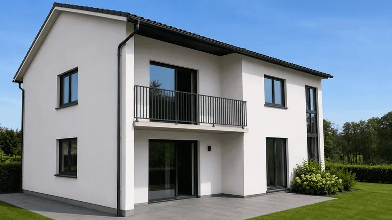 Modernes weißes Einfamilienhaus mit Balkon, Terrasse und gepflegtem Rasen unter blauem Himmel.