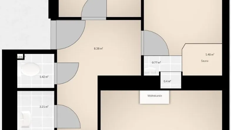 Grundriss der Wohnung mit separatem WC, Badezimmer und Sauna, sowie drei weiteren Räumen.