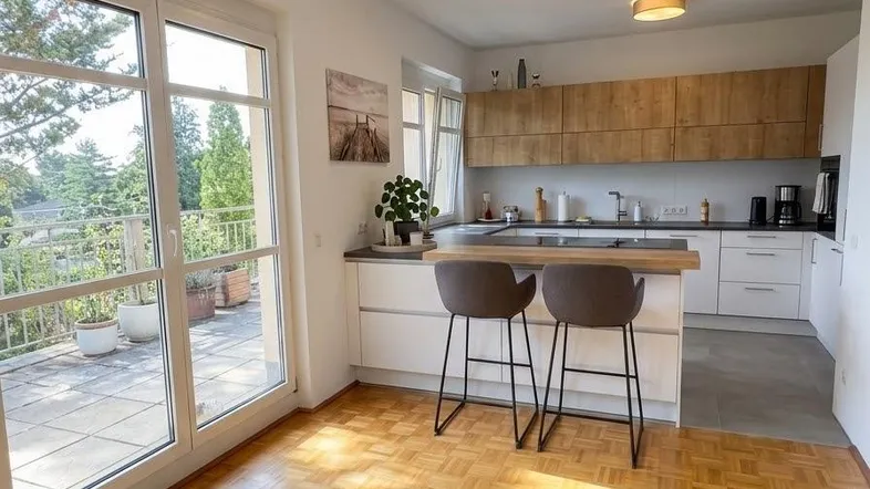 Helle Küche mit moderner Ausstattung, Parkettboden und direktem Zugang zu einer sonnigen Terrasse.