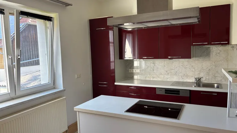 Moderne Küche mit weinroten Hochglanzfronten, Kochinsel und Fenster mit Blick nach draußen.