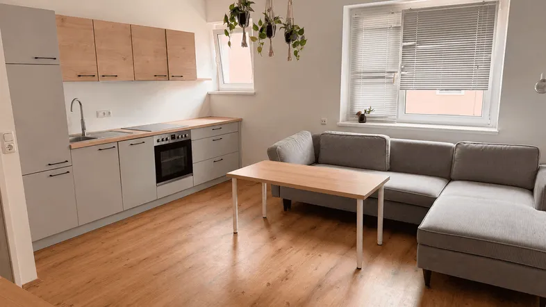 Heller offener Wohn-Essbereich mit integrierter Küche, modernem Sofa und Holzboden.
