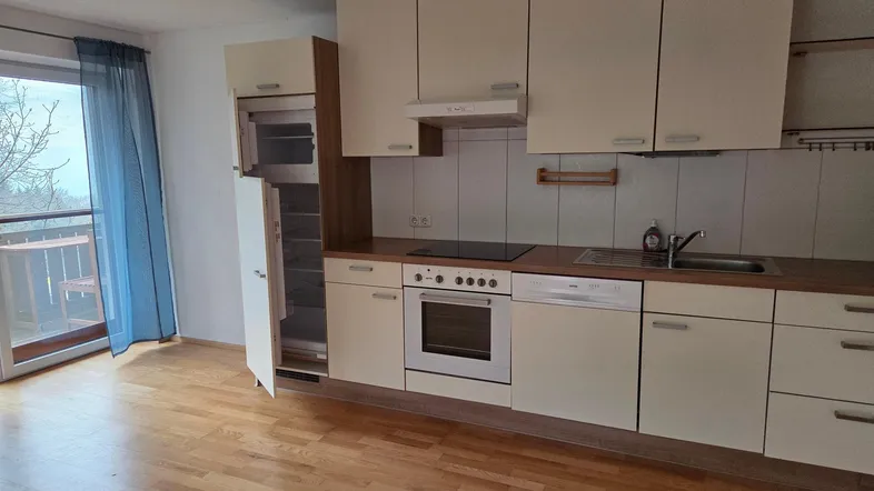 Helle Einbauküche mit Holzoptik-Arbeitsplatte, integrierten Geräten und Zugang zum Balkon.