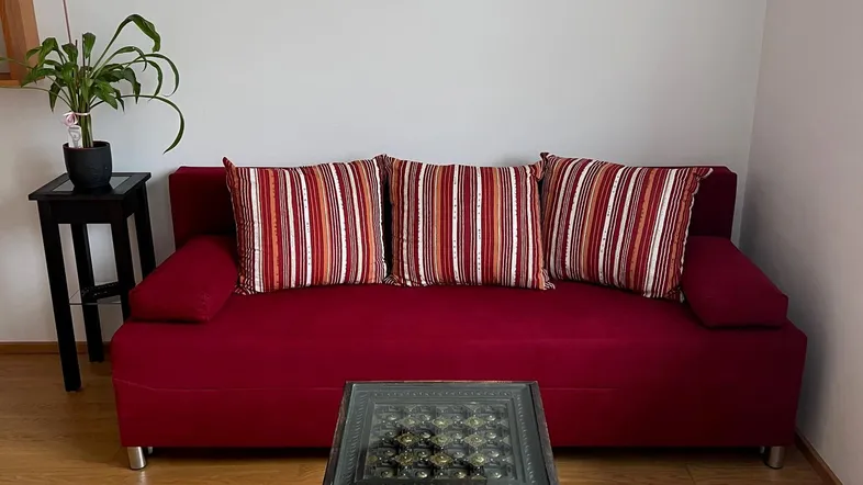 Gemütliches Wohnzimmer mit rotem Sofa, Couchtisch und Holzboden, dekoriert mit einem Holzbild.