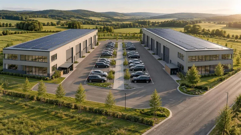 Luftaufnahme zweier moderner Geschäftsgebäude mit Solaranlagen und großem Parkplatz, umgeben von grüner Landschaft.