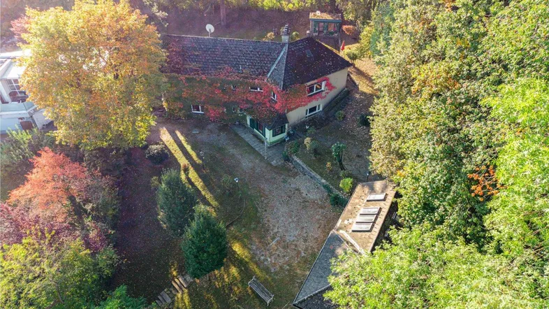 Luftaufnahme eines von Efeu bewachsenen Hauses mit großem Garten und Nebengebäude in herbstlicher Umgebung.