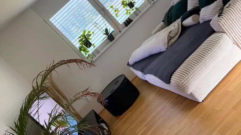 Helles Schlafzimmer mit Holzboden, großem Bett und Blick ins Grüne durch das Fenster.