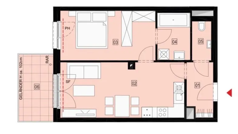Grundriss einer Wohnung mit Schlafzimmer, Wohnbereich, Bad und Balkon.