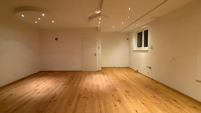 Geräumiges Zimmer mit modernem Holzparkettboden, weißen Wänden und stilvoller Deckenbeleuchtung.