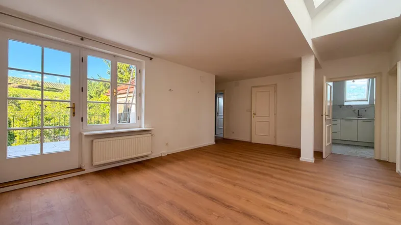 Helles Wohnzimmer mit Holzboden, großen Fenstern und Zugang zu einem Balkon mit Blick ins Grüne.