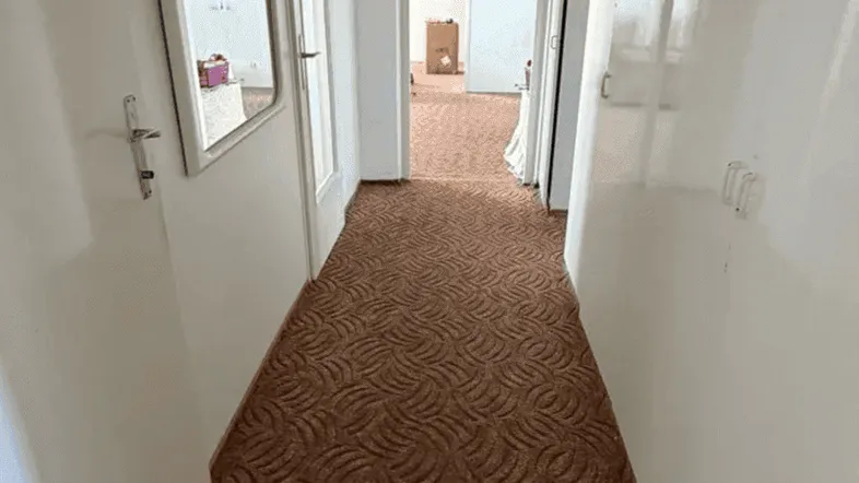 Langer Flur mit gemustertem Teppichboden, einem Spiegel und Zugang zu weiteren Räumen.