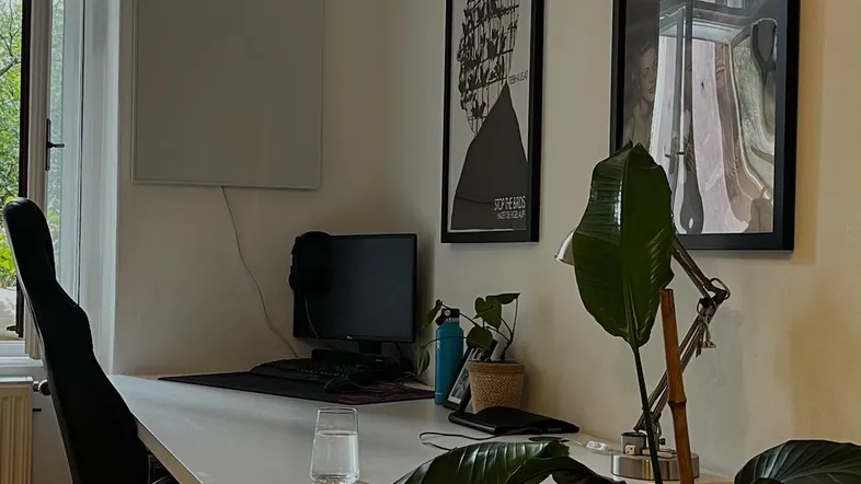 Helles Arbeitszimmer mit Holzboden, Schreibtisch und Blick ins Grüne durch das Fenster.