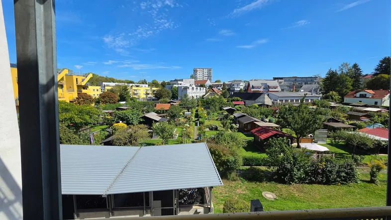 Blick von einem Balkon auf eine Siedlung mit Gärten und Häusern unter blauem Himmel.