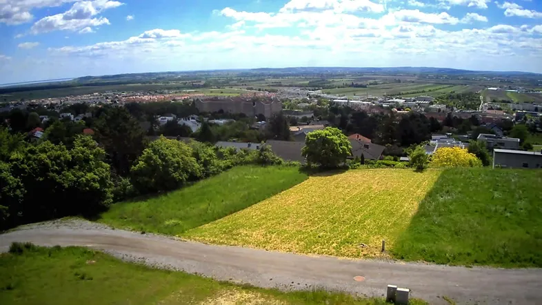Panoramablick über grüne Felder, Bäume und eine Siedlung unter blauem Himmel.