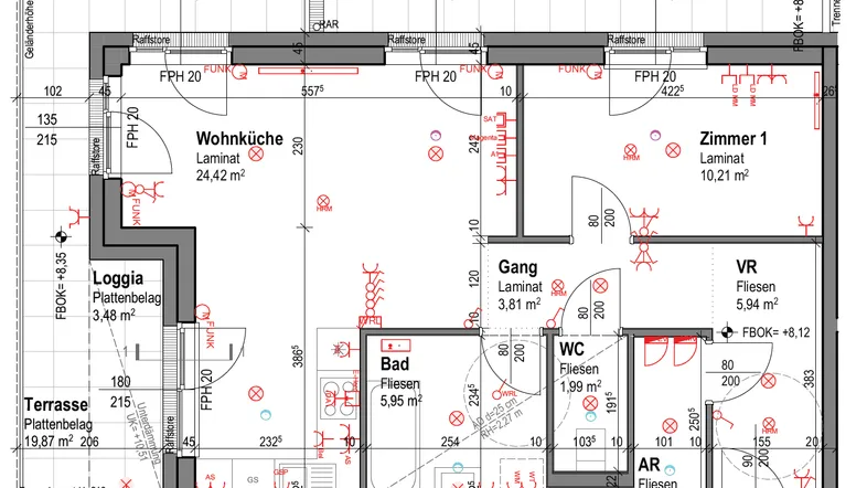 Grundriss einer modernen Wohnung mit offener Wohnküche, einem Schlafzimmer, Bad, separatem WC, Loggia und Terrasse.