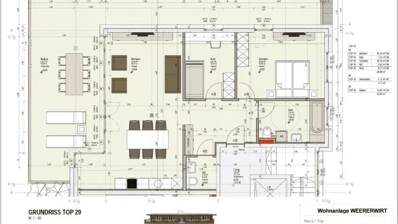 Detaillierter Grundriss einer Wohnung mit mehreren Zimmern, Balkon und klarer Raumaufteilung.
