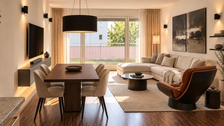 Moderner offener Wohn-Essbereich mit Holzboden, großem Esstisch und Zugang zum Balkon.