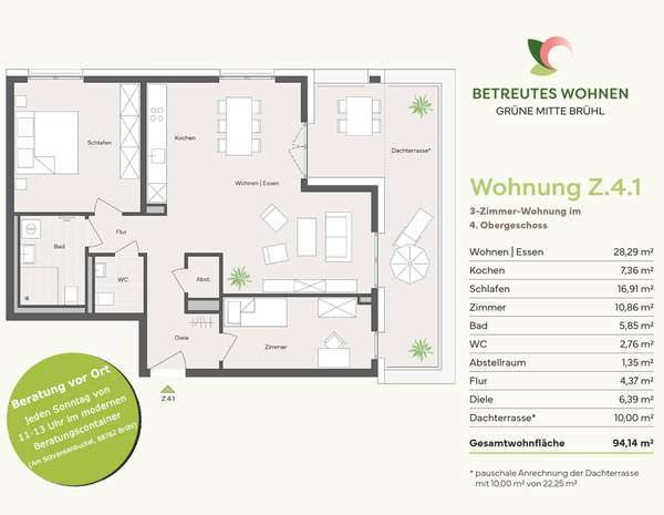 BETREUTES WOHNEN:  3-Zimmerwohnung mit 22 m² Dachterrasse