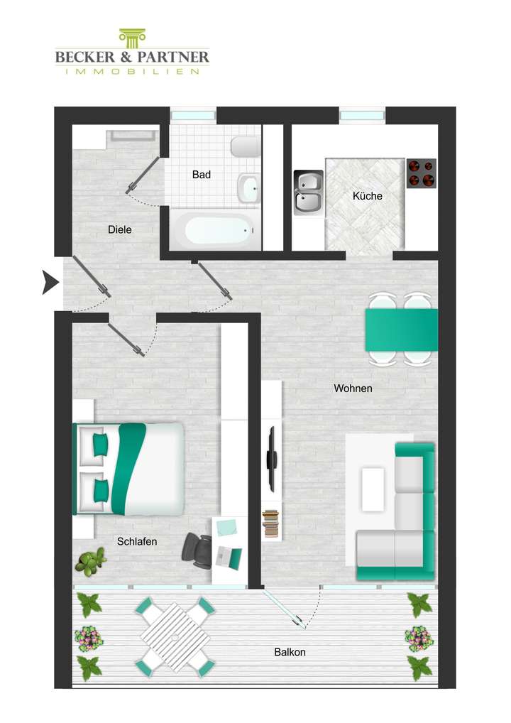 Gut geschnittene 2ZKB