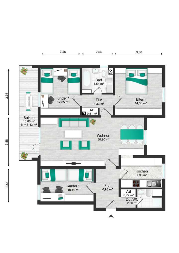 4-ZKB-Balkon, 2 Bäder