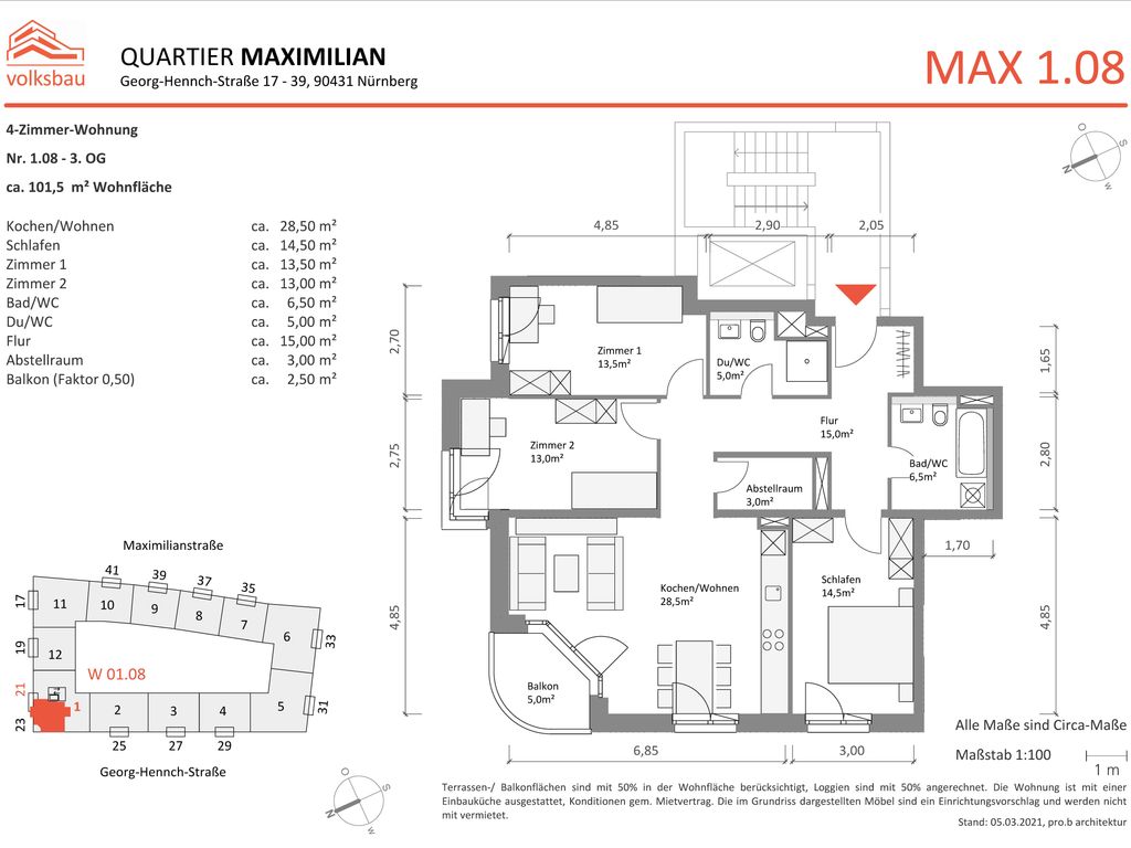 Neubau! Schöne 4 Zimmer Wohnung (1.08) im 3. OG mit Balkon