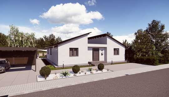 Bild von Stilvoller Massiver Atrium-Bungalow mit moderner Pultdachkonstruktion.