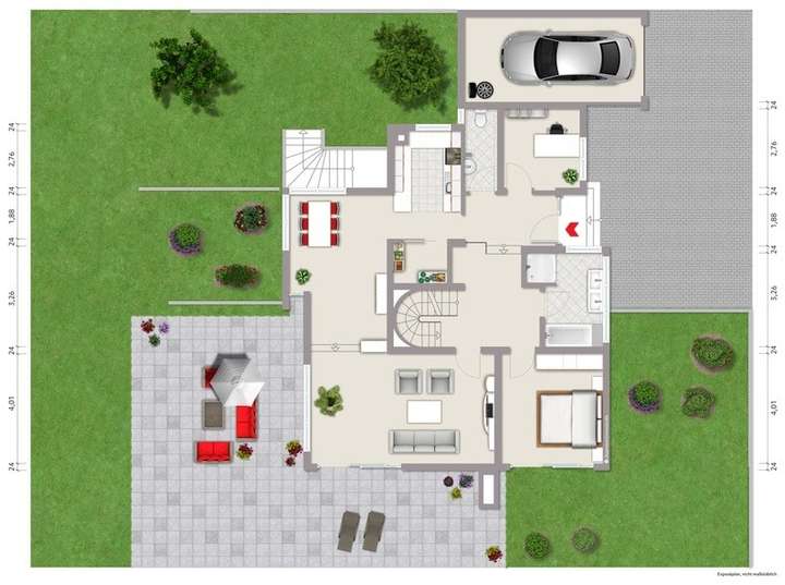 Grundriss mit Wohnzimmer und E