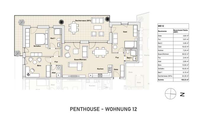 WHG. 12: Provisionsfrei KfW 40 Neubau Elz – 4 Zimmer ca. 138 m² Dachterrasse