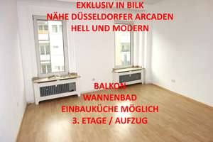 EXKLUSIV NÄHE BILKER ARCADEN MODERN MIT BALKON WANNENBAD EINBAUKÜCHE MÖGL. LAMINAT 3. ETAGE / AUFZUG – Brunnenstr. 20, 40223 Bilk, Düsseldorf – Vorschaubild 1