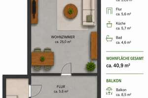 Helle 1-Zimmer-Singel-Wohnung mit großem Balkon – 45 m² – Die vollständige Adresse der Immobilie erhältst du vom Anbieter., 33602 Gadderbaum, Bielefeld – Vorschaubild 2