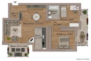 Möblierte 3-Zimmer-Wohnung mit zwei Balkonen, Tiefgaragenstellplatz und Keller – In der Donk 46, 40599 Hassels, Düsseldorf – Vorschaubild 9