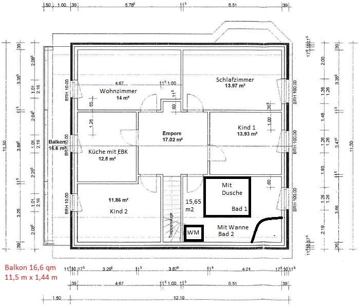 Grundriss OG mit 17 qm Balkon