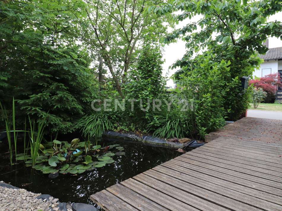 der eigene Teich mit Brücke