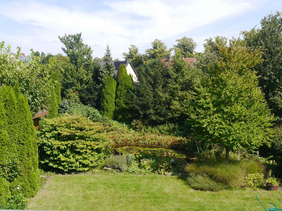 Blick vom Balkon in den Garten