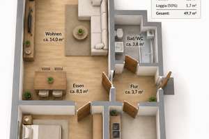 50qm renoviert, Küche, Tiefgarage, Süd-West Loggia, 2-Zimmer – Ottostraße 43, 47198 Hochheide, Duisburg – Vorschaubild 2
