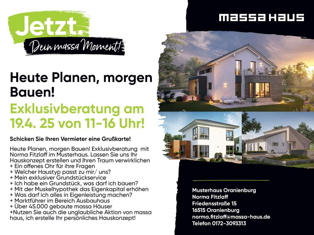 RAUS AUS DER MIETE  massa haus macht es möglich INFO 19.04.25 von 11-16Uhr in Oranienburg