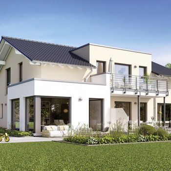 SOLUTION 230 V5 – Modernes Mehrgenerationenhaus mit Übereckerker und Zwerchgiebel mit Balkon