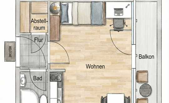 Helle u.ruhige 1 Zi. Studio-Whg m. Balkon-Loggia, Stellpl. u. Abstellr. Mannnheim-Neckarau/Almenhof