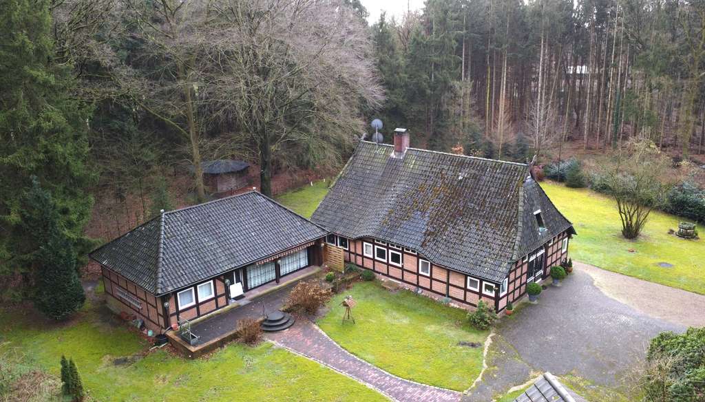 Immobilie in Hemsbünde - Alleinlage mit traumhaftem Waldgrundstück: Historisches Fachwerkhaus mit separatem Bungalow - Bild 1