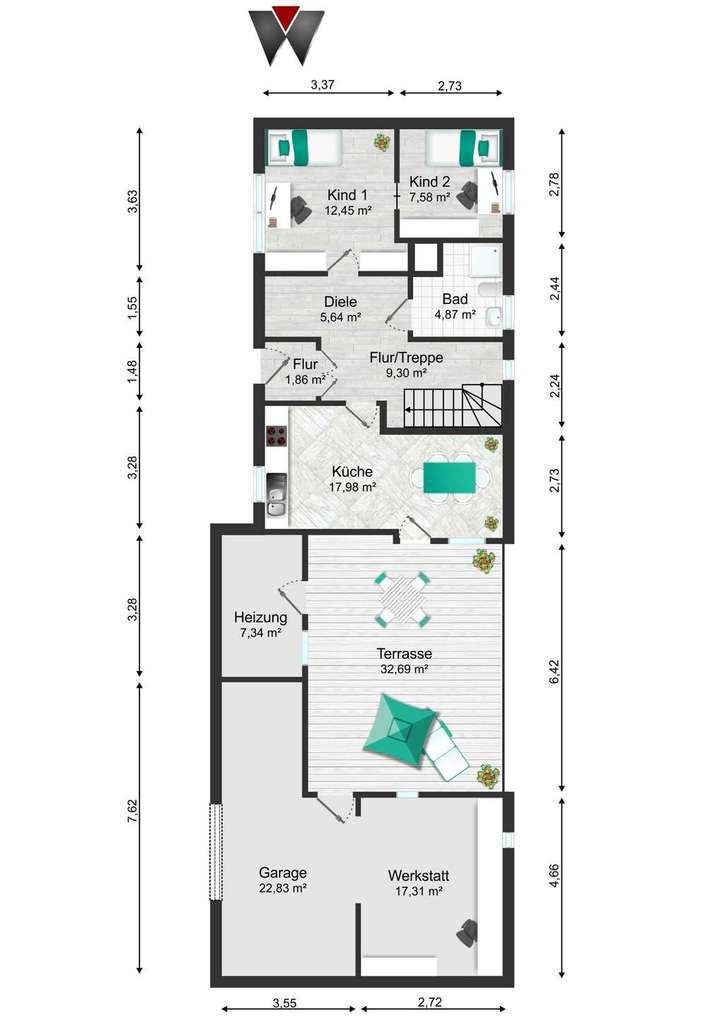 Erdgeschoss mit Nebengelassen