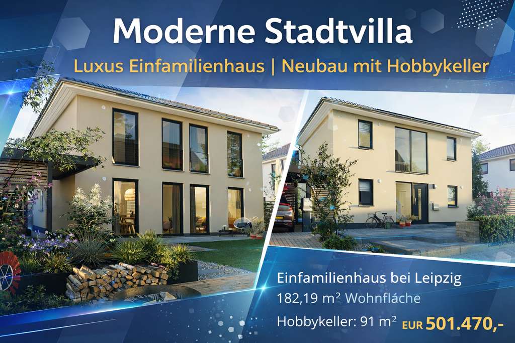 Immobilie in Krostitz - Exklusive Stadtvilla bei Leipzig | 182 m² Einfamilienhaus mit 91 m² Hobbykeller | Neubau mit Grundst - Bild 0