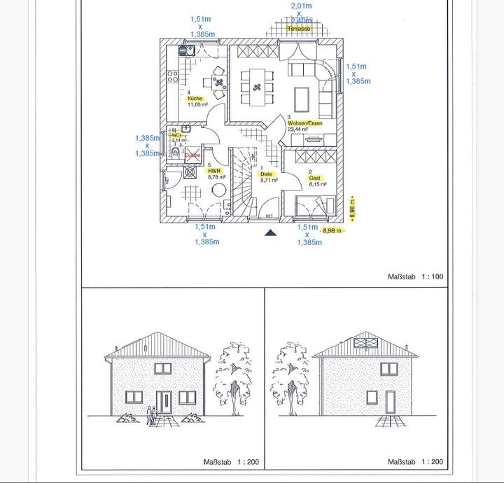 Grundriss EG + Ansichten