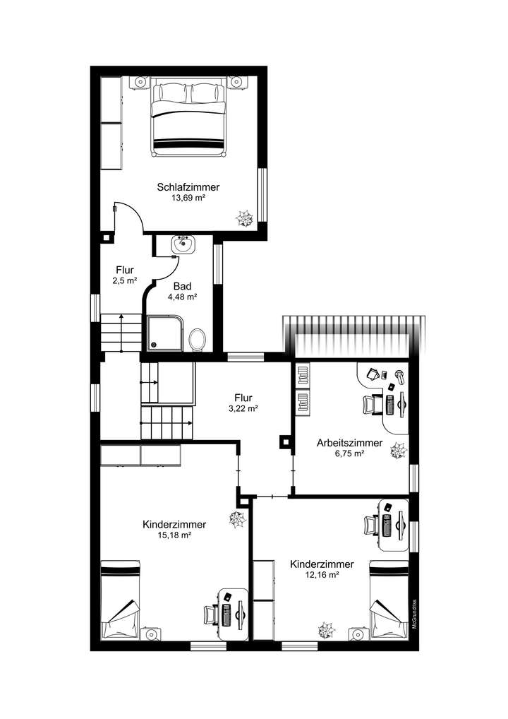 Grundriss 1 OG möbliert